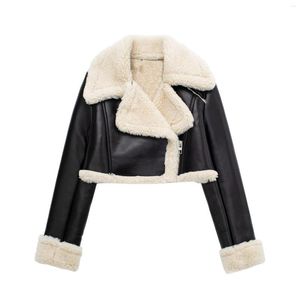 Women's Leather Black Faux Fleece Sheepskin Cropped Jackets Women Fall Winter Warm Coats Chic Lady Female Clothing