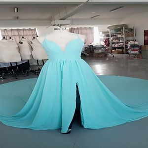 Long Prom Dress Chiffon Aline Evening Wear with Train and sexy Split Custom Made Gown235g