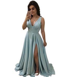Vestidos De Gala Sexy Deep V-Neck Side Slit Long Prom Dresses Elegant Blue Draped Backless A-Line Prom Gowns