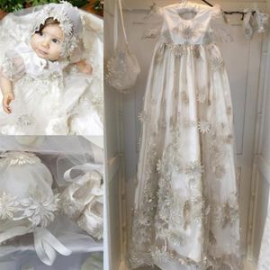 2019 New Arrival Christening Gowns For Baby Girls Beads Appliqued A Line Soft Baptism Dresses With Bonnet First Communication Dres288E