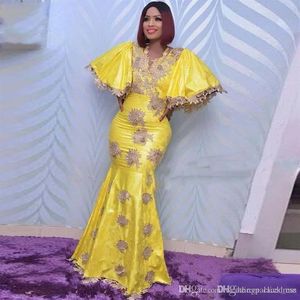 Newest Dubai Yellow Mermaid Evening Dresses V Neck Lace Appliques Formal Evening Gowns Prom Dress Dress Plus Size Robe De Soiree236b