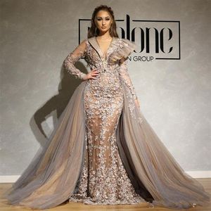 Charming Mermaid Lace Evening Dresses With Detechable Train Sheer Deep V Neck Prom Gowns With Long Sleeves Plus Size Formal Dress248r