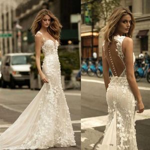 Berta Sheer Mesh Top Lace Mermaid Wedding Dresses Tulle Applique 3d Floral Wedding Bridal Clowns With Buttons252S