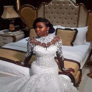 Luxury Mermaid Wedding Dresses Sheer Long Sleeve High Neck Crystal Beads Chapel Train African Arabiska brudklänningar plus storlek Custom287y