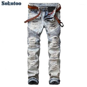 Sokotoo Men's casual painted holes ripped biker jeans for moto Vintage light blue slim straight denim pants Long trousers1211p