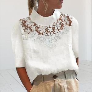 Kvinnors blusar Kvinnor Summer Top Soft Chic Spets Flower Decor Stylish Kort ärmar Solid Color Loose Fit Half-High