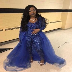 Royal Blue Prom Dresses Women Jumpsuits med löstagbar tåg långärmad v hals paljetterad afrikansk festklänning 269g