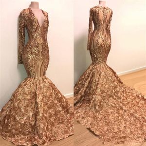 Cekinowe aplikacje syreny wieczorne sukienki 2020 prawdziwy obraz z długim rękawem Złoty Szampan 3D Rose Floral Bottom African Black Girl Prom 281Z