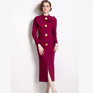 Casual Dresses Luxury Runway Vintage Stand Collar Office OL Bodycon Dress Elegant Ladies Bowknot Gold Button Slim Party Vestidos