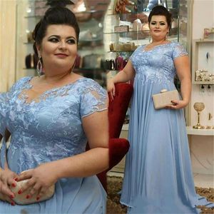 light blue Plus Size Chiffon Mother of the Bride Dresses With Short Sleeves evening gowns Lace Empire Waist Arabic Mother's D234B