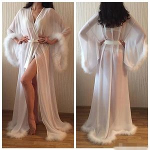 Sexig långärmad ren brudtärna brudomslag med fjädrar Custom Silk Satin Bathrobe Wedding Party Robe for Women Floor Length S311f