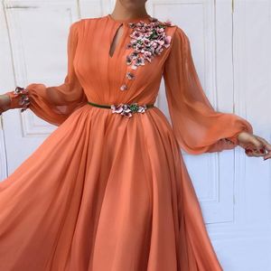 Coral Arabic Marockan Prom Dresses Party Elegant For Women Celebrity Long Sleeves Chiffon Dubai Caftans Formella klänningar283p