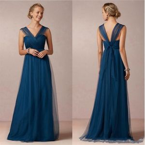 Lapis Blue V Neckline Long Bridesmaid Dress Soft Tulle Dresses For Bridesmaid Girl Convertible Dress Floor-length Formal Bridesmai286R