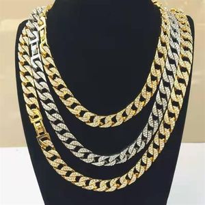 Catene Rapper Hip Hop Ghiacciato con strass pavimentato 15MM Miami Curb Catena a maglia cubana Nastro d'oro Collane per uomo Donna Set di gioielli C290Q