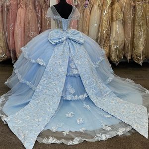 Hellblaue Quinceanera-Kleider, Ballkleid, Geburtstagsparty-Kleid, Schnürung, Abschlusskleid, Perlenstickerei und Schleife, Quinceanera ab 15 Jahren