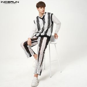 Men s Hoodies Sweatshirts INCERUN Men Sets Lace Patchwork See Through Sexy V Neck Sleeveless Tank Tops Pants 2PCS Streetwear 2023 Fashion Suits 5XL 230721