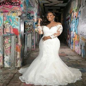 African Mermaid Plus Size Wedding Dresses 2020 New Design Court Train 3 4 Long Sleeve Sheer Lace Bridal Gowns Vestido De Noiva W112966