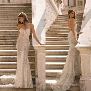 Berta Glitter Mermaid Wedding Dresses Spaghetti Lace Appliqued Sequins Beaded Backless Illusion Bridal Gowns Custom Made Vestidos 301h