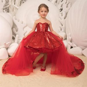 Sparkling Sequined Puffy Short Girl's Pageant Dresses with Bow Tulle Detachable Train Flower Girls' Dress Sheer Neck Pri215f