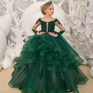 Gorgeous Green Flower Girl Dresses Scoop Neck Appliqued Beaded Long Sleeves Pageant Gowns Ruffle Tiered Sweep Train Birthday252e