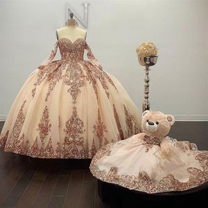Rose Gold Sparkly Ball Gown Quinceanera Dresses Detachable Sleeves Sweetheart Sequines Applique Sweet 16 Dress Party Wear232q