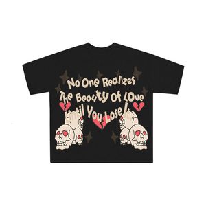 Damen T-Shirt Retro LOVE Skull Print Y2K T-Shirt Kleidung Punk Street American Hip Hop Casual Kurzarm Paar Halbarm Tops 230721