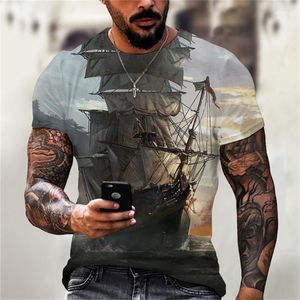 T-shirt da uomo T-shirt da nave vintage estiva stampata in 3D Camicia a maniche corte con collo da ufficiale pirata Abbigliamento casual oversize di moda