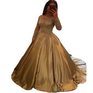 Elegant 2021 Gold Long Sleeve Formal Evening Dresses Off Shoulder Sheer Lace with Train Beaded Vintage Women Reception Dress Gowns285z