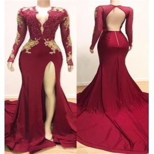 Sexy Deep V neck Burgundy and Gold Lace 2022 Evening Prom Dresses Mermaid Long Sleeves Sequins Real Po Party Bridesmaid Dress262x