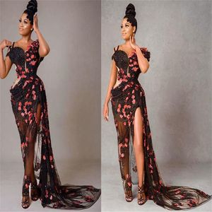 2021 Plus Size Arabic Aso Ebi Black Stylish Sexy Prom Dresses Lace Poed High Split Formal Evening Party Second Reception GOWNS Z3373