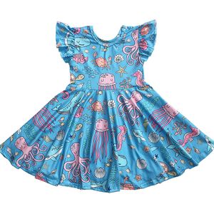 Vestido estampado de animais marinhos para meninas de verão, vestido azul oceano para bebês, vestidos de festa para meninas atacado