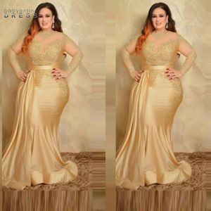 Sexy Plus Size Formal Evening Dresses Elegant with Long Sleeves Gold Lace High Neck Sheath Special Occasion Dress Mother of The Br225H