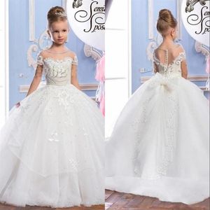 Abiti da ragazza di fiori arabi in tulle con collo trasparente in pizzo di perle Abiti da spettacolo vintage per bambini bellissimi per matrimoni238B