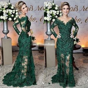 Dark Hunter green Mother of The Bride Dresses Sheer Jewel Neck Lace Appliques Long Sleeve Mermaid Formal Evening Prom Dresses215l