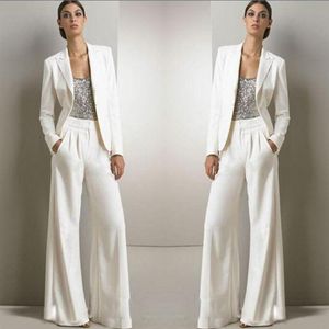 2022 New Bling Sequins Ivory White Pants Suits Mother Of The Bride Dresses Formal Chiffon Tuxedos Women Party Wear Fashion Modest230t