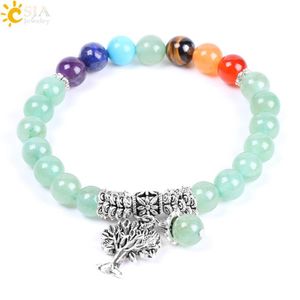 CSJA 8mm Natural Stone Green Aventurine Rainbow 7 Chakra Beads Yoga Bracelets Sell Healing Bangles Tree of Life Women & Men Je2241