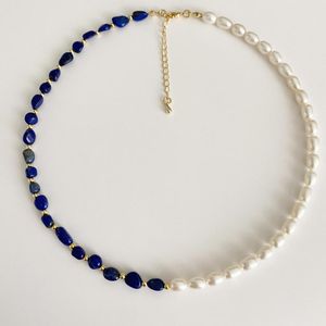 Ketten handgemachte Natursteinperlen Lapislazuli Süßwasserperlen Halskette für Frauen Sommer Urlaub Schmuck einzigartiges Design Tropfen
