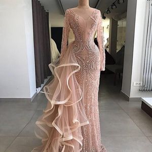 Aso Ebi Mermaid Evening Dresses With Long Sheer Neckline Ruffles Tulle Illusion Long Sleeves Prom Dress Major Beading vestidos de 227d