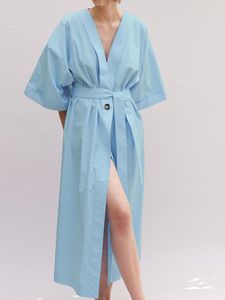 Kvinnors sömnkläder Linad Blue Robes For Women Lose Half Sleeve V Neck Sashes Summer Bathrobe Female Nightwear Cotton Pyjamas