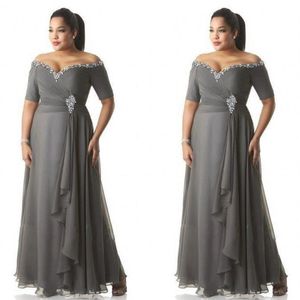 Grey Mother of the Bride Dresses Plus Size Off the Shoulder Cheap Chiffon Prom Party Gowns Long Mother Groom Dresses Wear267c