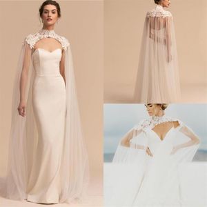 2019 Böhmen Tulle Long High Neck Wedding Cape Lace Jacket Bolero Wrap White Ivory Women Brudtillbehör Custom Made2897