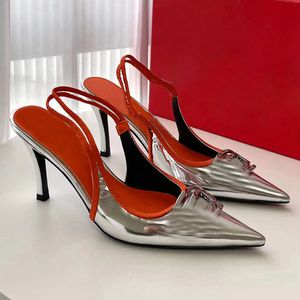 Metalik harf yüksek topuklu pompalar moda sivri ayak parmakları slingbacks kedi topuk sandallar kadın lüks tasarımcı denim mavi elbise ayakkabı ofis parti ayakkabıları kutu ile
