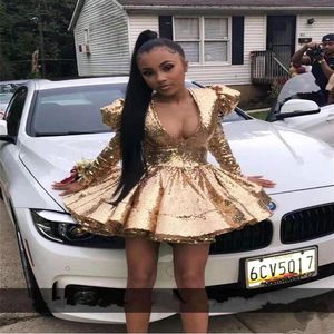 Gold Sequined Long Sleeves Cocktail Dresses Sexy Deep V Neck Club Wear Party Gowns Short Prom Dress217z