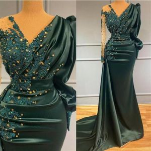 Mörkgrön V Neck Evening Dresses Party Wear Satin Crystal Long Sleeves Mermaid Prom Dress Custom Made Women Formal Gowns 20223077