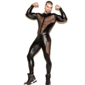 Sexy Mens Lace Leather Catsuit Bodysuit Jumpsuit PVC Club Robot Rompers Costume L972 SMLXLXXL258w