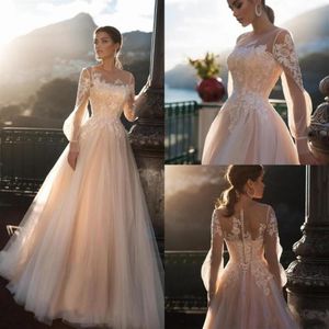 Romantic Sheer Long Sleeves Wedding Dresses A Line Tulle Lace Appliqued Illusion Back Bridal Gowns Custom Made robes de mariee196D