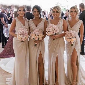 Sexy Champagne Bridesmaid Dresses Chiffon Deep V Neck Front Side Split Plus Size Maid of Honor Gown Wedding Guest Dress289m