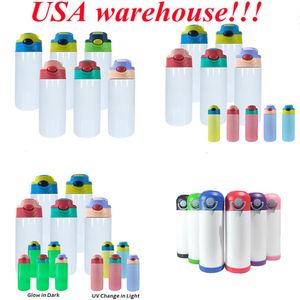 Yerel WarehouseSublimation 12oz Çocuklar Su Şişesi Düz Sippi Kupa Flip Cup Kapak Tumbler UV Karanlık Tumblers USA Stock150s