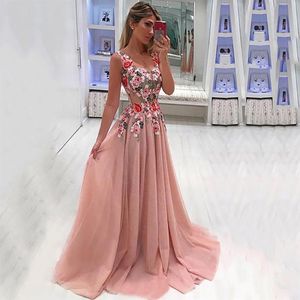 Rosa Abendkleider, A-Linie, ärmellos, Applikationen, Blumen, Ausschnitt, besondere Anlässe, Partykleid, herzförmiger Ausschnitt, Vestido De Fiesta228K