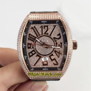 Ny herrsamling Vanguard Date V 45 SC DT Diamond Dial Automatic Mens Watch Rose Gold Diamond Fase Lädergummband W284W